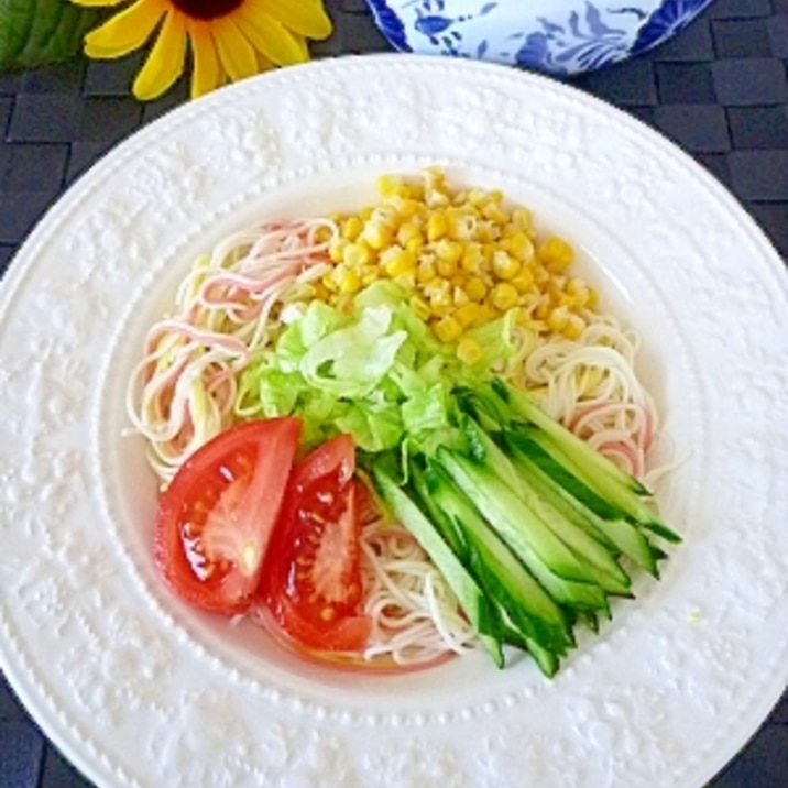 明太豆乳スープで☆サラダそうめん